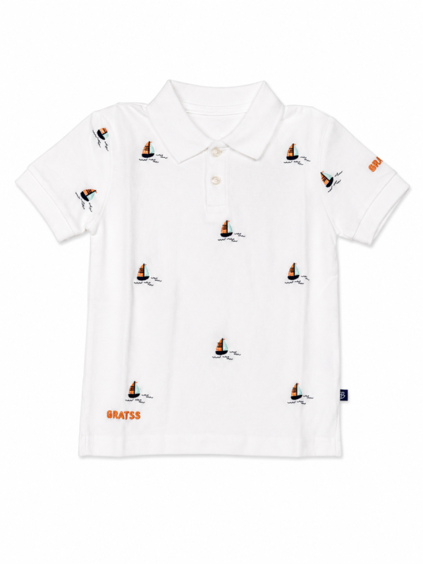 Polo T-Shirt - WHITE PIQUE - ALLOVER BOAT EMBROIDERY